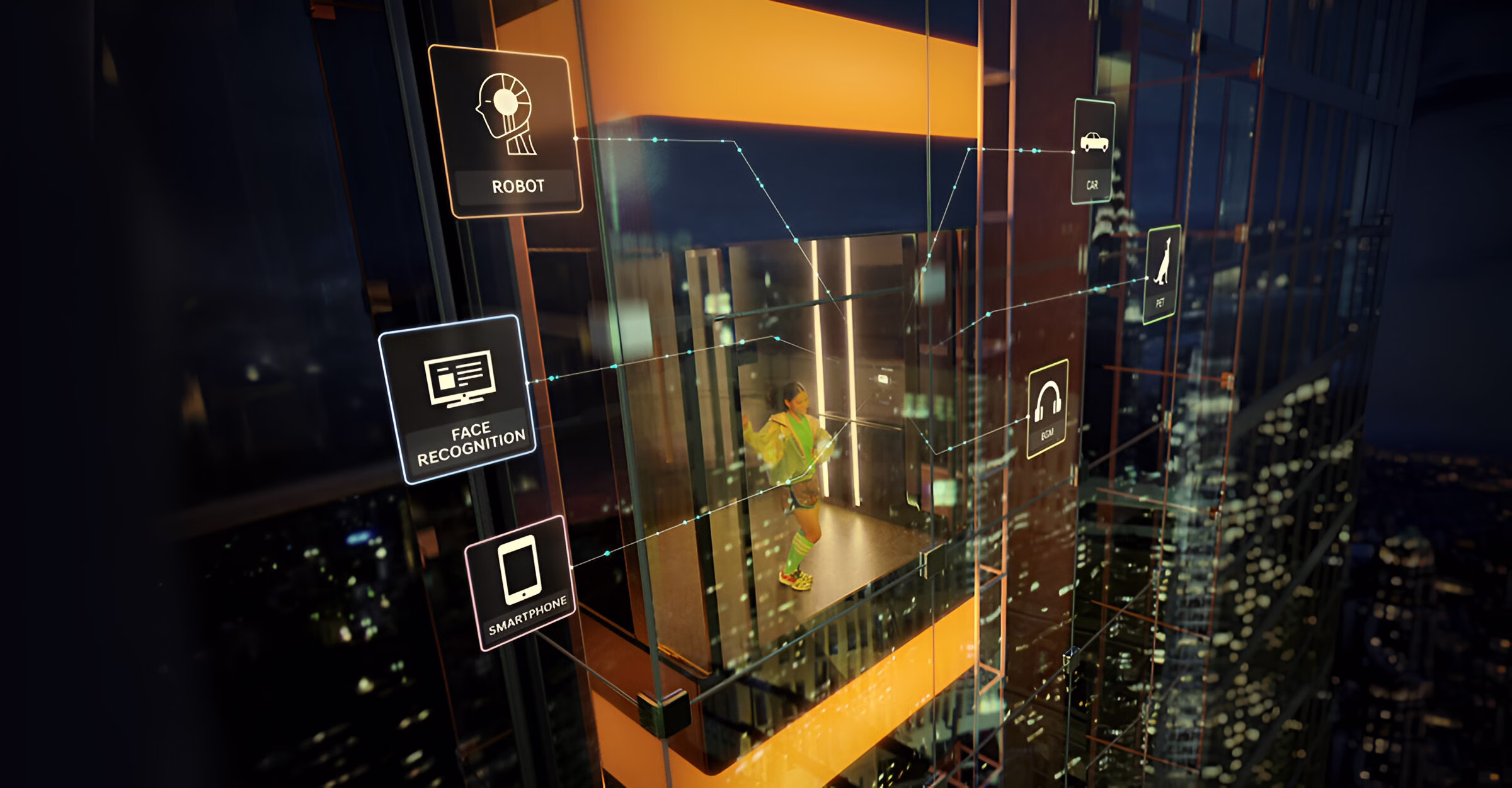 Візуалізація футуристичного ліфта в нічному місті з прозорими стінами, де жінка в спортивному одязі стоїть всередині, оточена іконками, що символізують технології майбутнього, такі як робот, розпізнавання облич, смартфон, автомобіль, бездротові навушники та розумний дім, з підсвіченими контурами будівель на задньому плані.