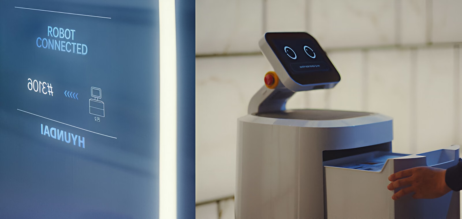 Зображення процесу підключення робота до системи ліфта, де на сенсорному екрані відображається 'ROBOT CONNECTED', а поруч стоїть білий сервісний робот з екраном, що показує два кола, і людська рука в темному одязі взаємодіє з ним.