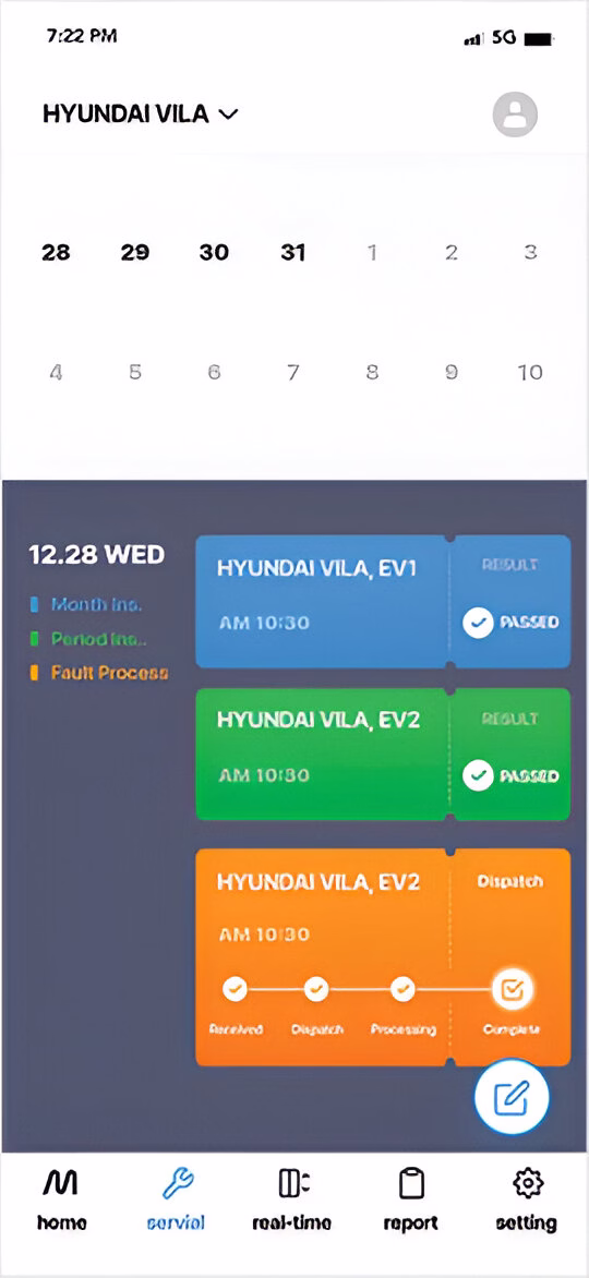 Інтерфейс мобільного додатку Hyundai VILA у розділі сервісного обслуговування, що відображає календар за грудень, заплановані перевірки ліфтів Hyundai VILA EV1 та EV2 на 28-ме число о 10:30 зі статусом 'Пройдено', а також інформацію про процес усунення несправності ліфта Hyundai VILA EV2 з етапами 'Отримано', 'Відправлено', 'В процесі' та кнопкою 'Завершено', з навігаційним меню внизу (додому, сервіс, реальний час, звіт, налаштування).