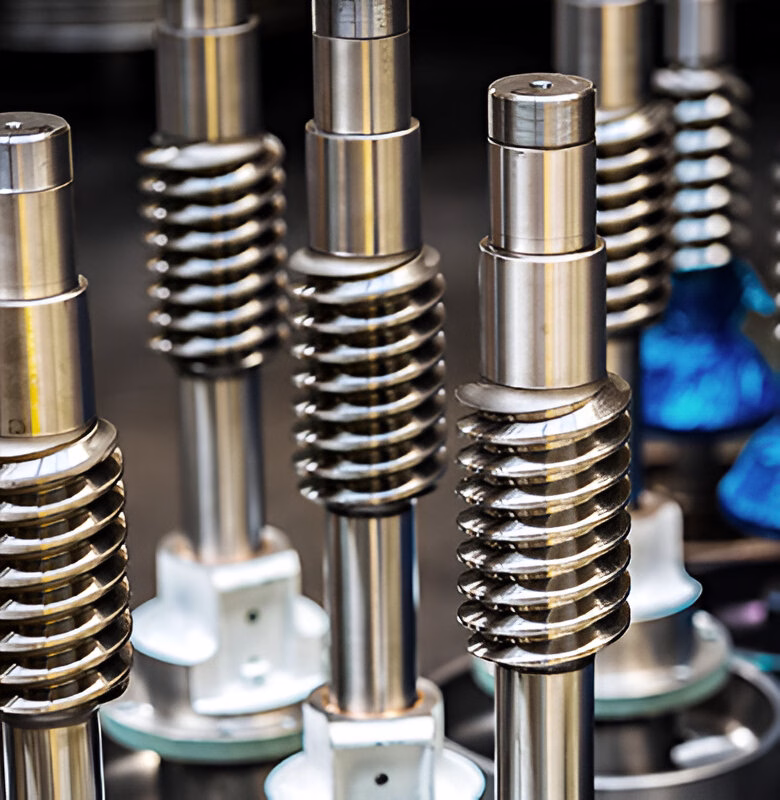 Крупний план ряду металевих гвинтів із різьбленням на циліндричних стрижнях.