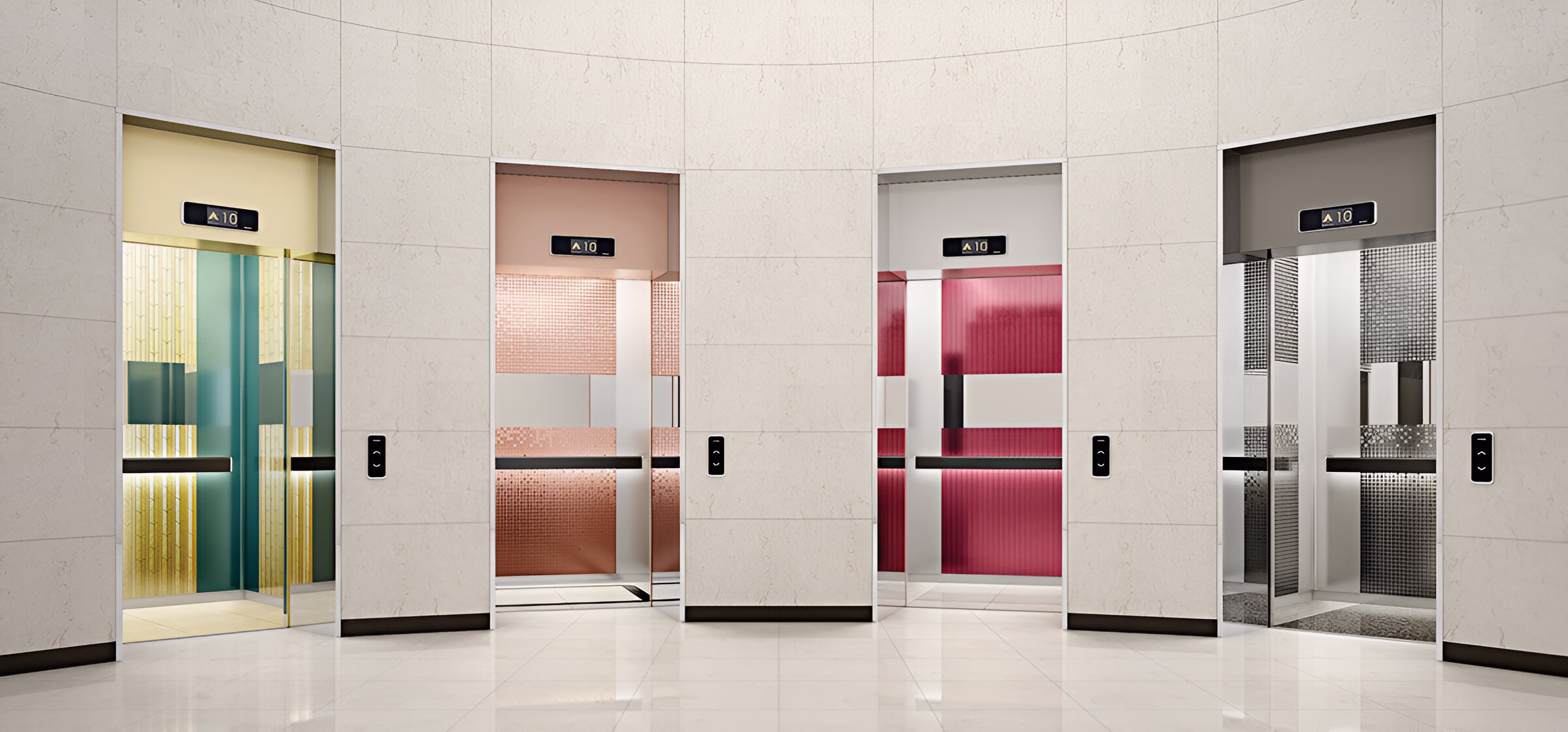Чотири відкриті ліфтові кабіни з різним внутрішнім оздобленням (бежевим, рожевим, червоним та сірим) розташовані вздовж вигнутої світлої стіни з цифровими дисплеями над кожними дверима, що показують '▲10'.