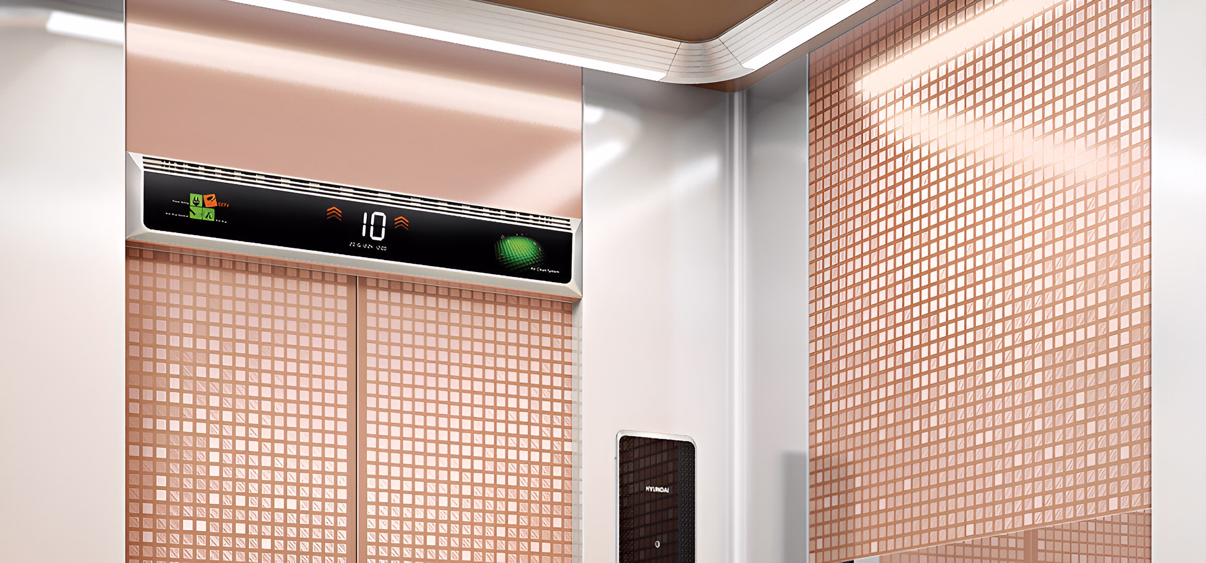 Інтер'єр ліфта з дверима та стіною, оздобленими дрібними квадратами рожевого золота, чорним дисплеєм над дверима, що показує цифру '10' та стрілки вгору й вниз, а також зелене світло та чорну панель керування праворуч.