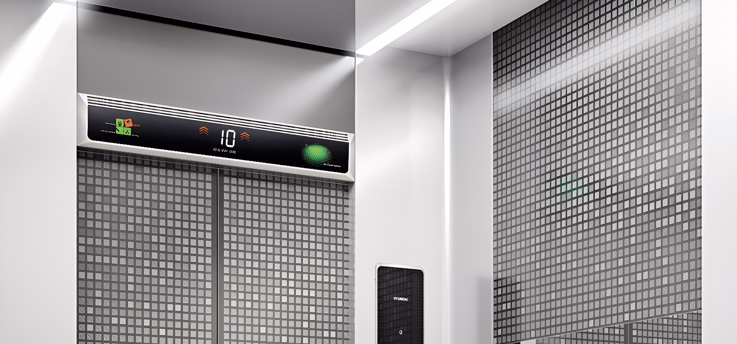 Інтер'єр ліфта зі стінами та дверима, оздобленими дрібними сірими квадратами, чорним дисплеєм над дверима, що показує цифру '10' та стрілки вгору й вниз, а також зелене світло та чорну панель керування праворуч.