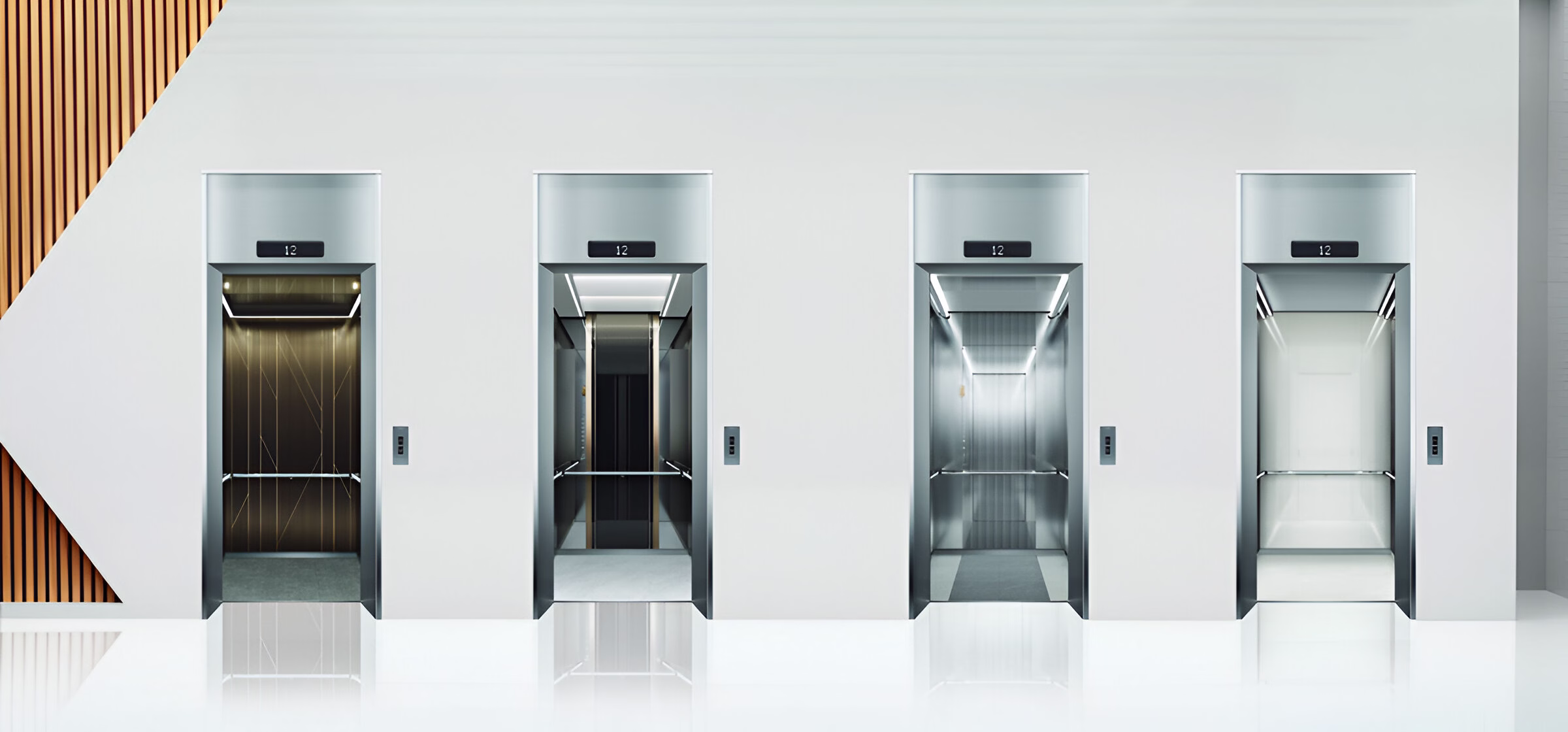 Чотири відкриті ліфтові шахти з різним внутрішнім оздобленням кабін (дерево, темний метал, світлий метал та біле скло) розташовані вздовж світлої стіни з дерев'яними панелями збоку, над кожними дверима розташований цифровий дисплей, що показує '12'.