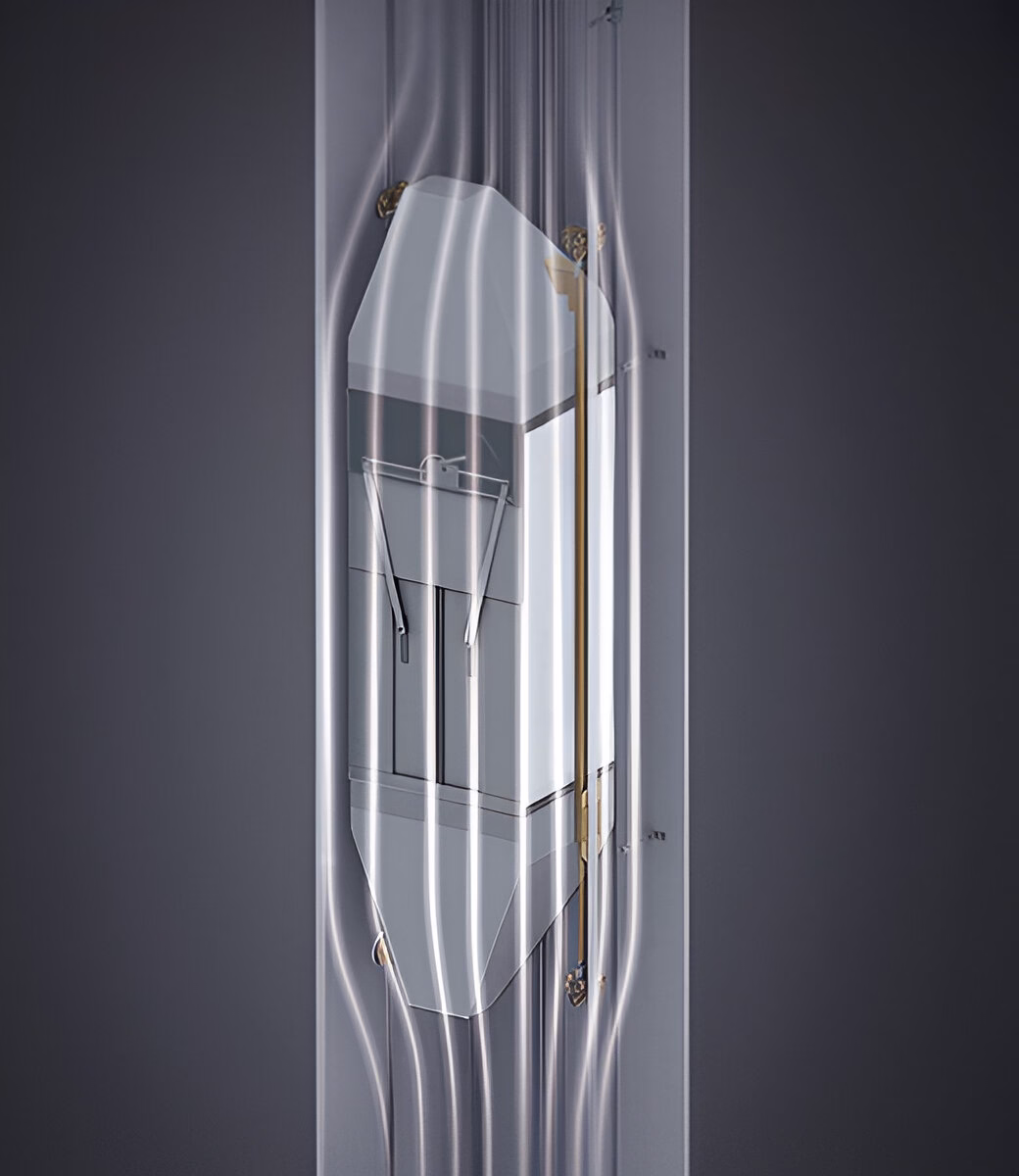 Аеродинамічна візуалізація сучасної ліфтової кабіни в шахті з потоками повітря, що обтікають корпус для демонстрації ефективності та інноваційного дизайну.