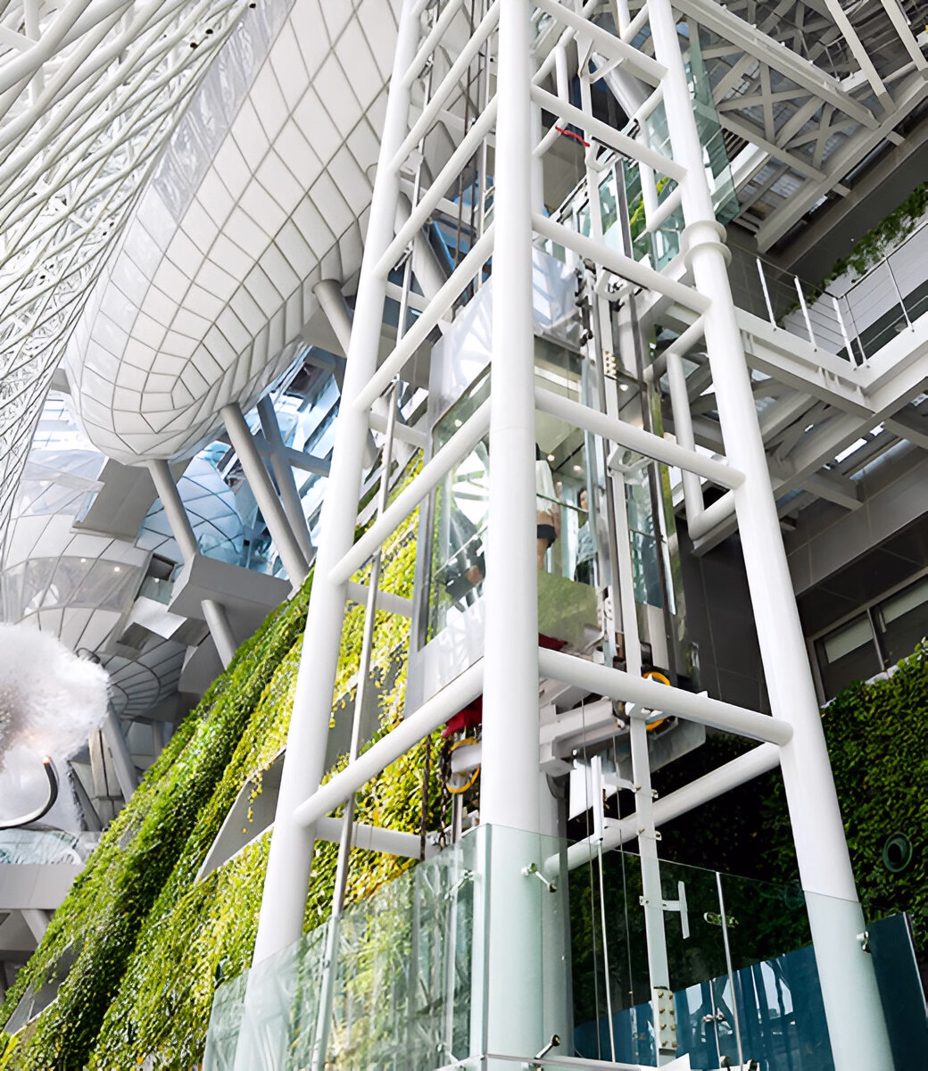 Інтер'єр сучасної будівлі з вертикальним садом на стінах та скляним ліфтом у металевому каркасі, що рухається вгору.